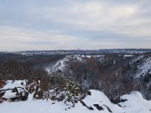 Vyšli jsme se podívat na vyhlíku nad úoli, naproti byla vidět skála i se stromečkem.